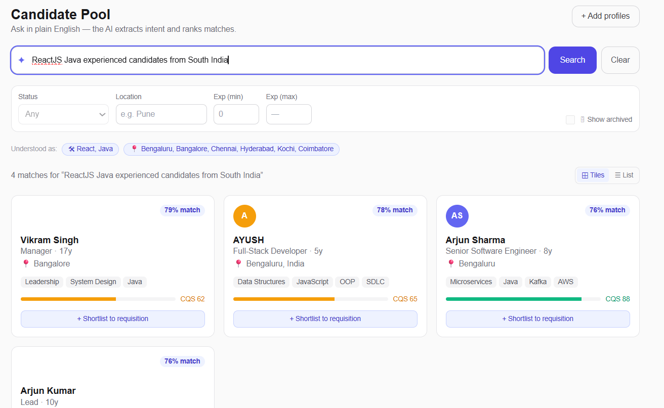 Alvora Hire candidate pool: the query "ReactJS Java experienced candidates from South India" parsed into skill and location filters, with ranked candidate matches below.